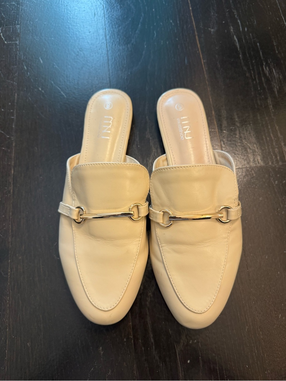Musshoes Beige Leather Gold buckle Backless Loafer Mules